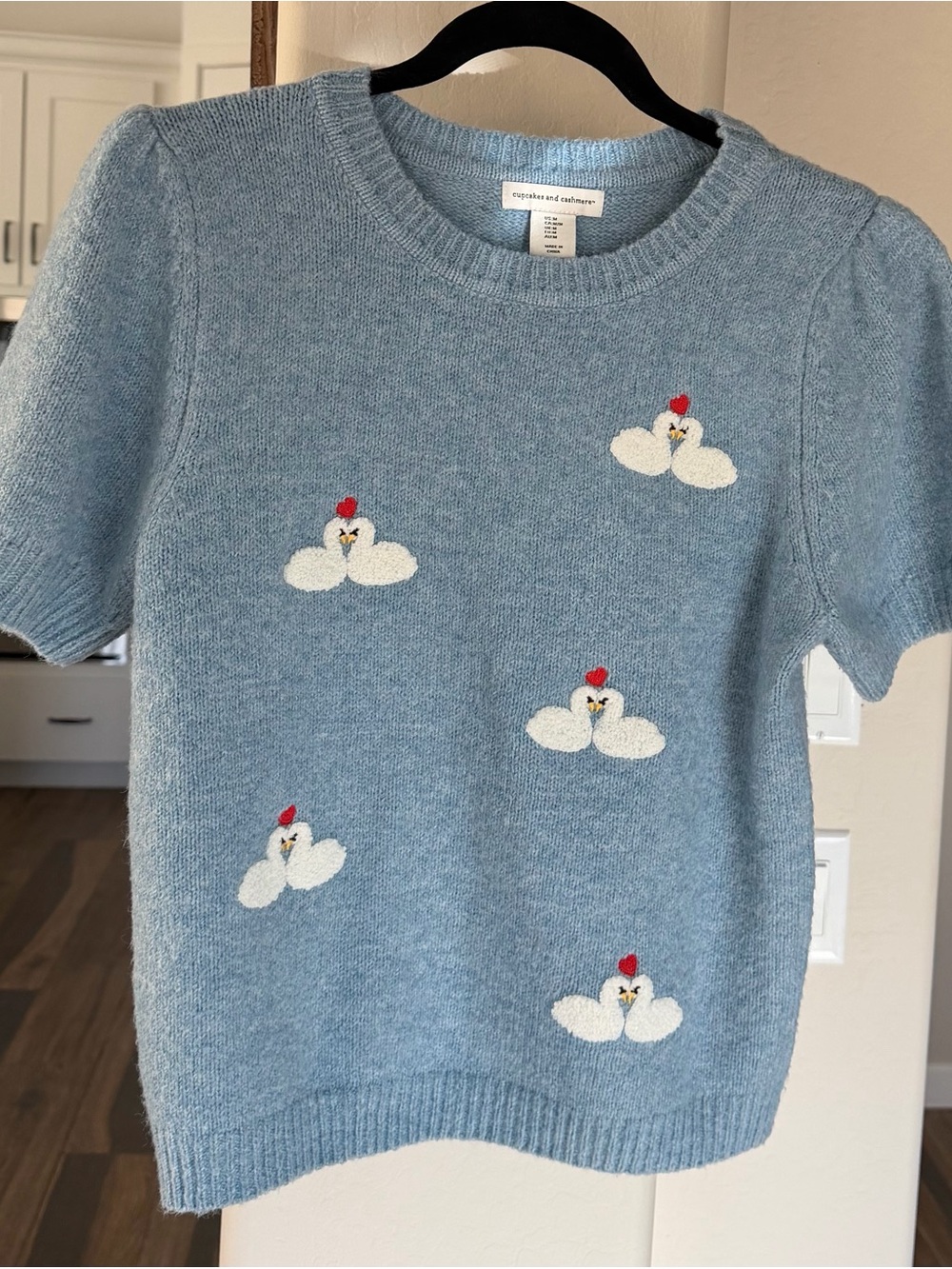 Cupcakes & Cashmere Baby Blue Swan Motif Short-Sleeve Sweater